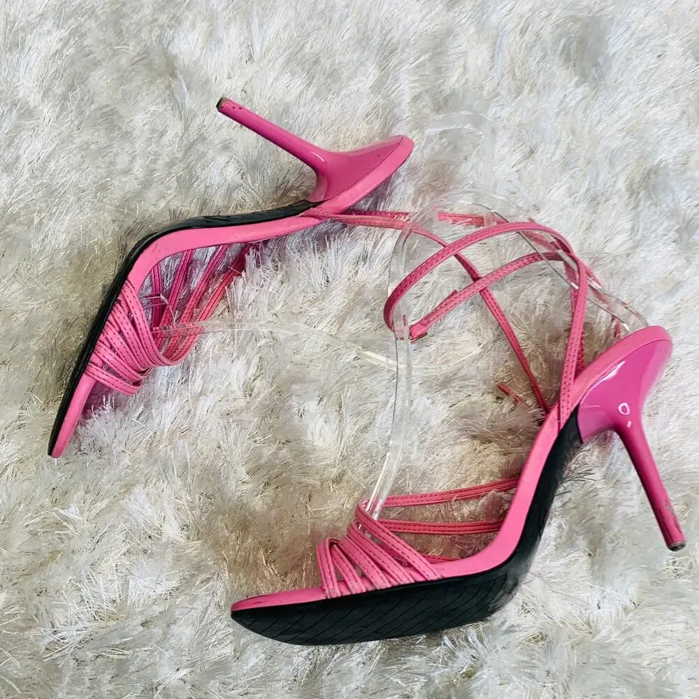 PINK Zara Strappy Heels Wrap Ankle Strap Sz 39 8.5 Scuffed Heels - Picture 8 of 9
